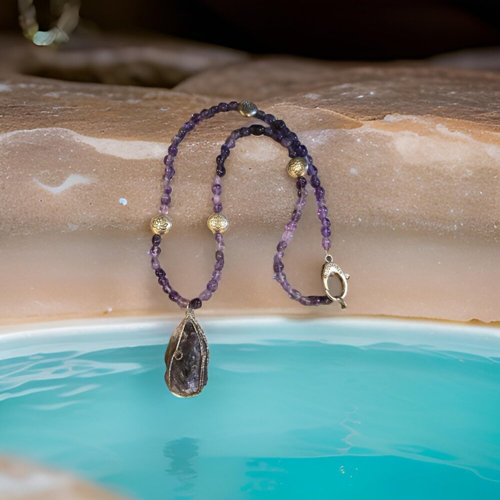 Wire wrapped Large Amethyst stone Necklace ~  22 inches